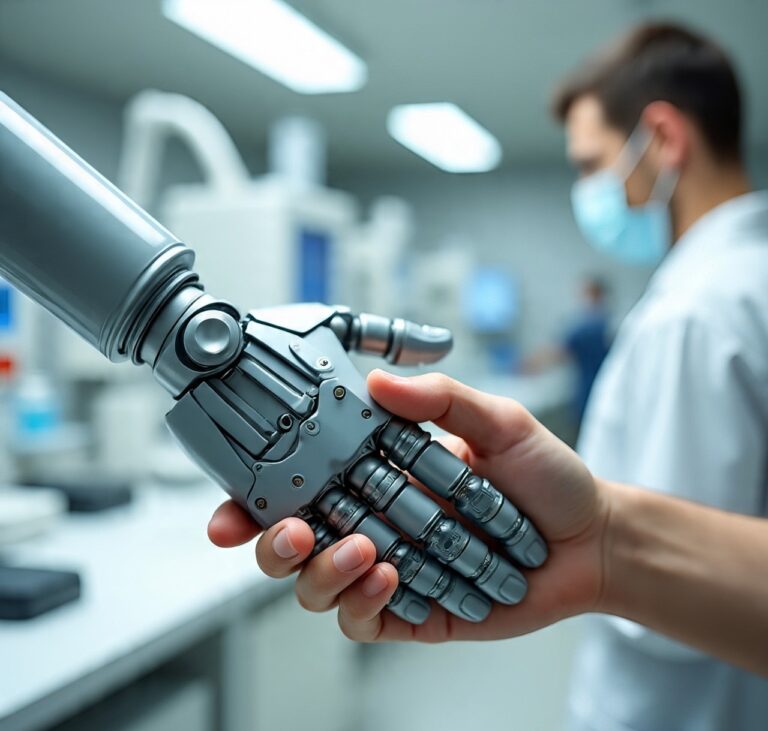 a mechanical arm with a hydraulic hand. robotic hands like shake hands with human hand and it must be look like they make collaboration and make future perfect