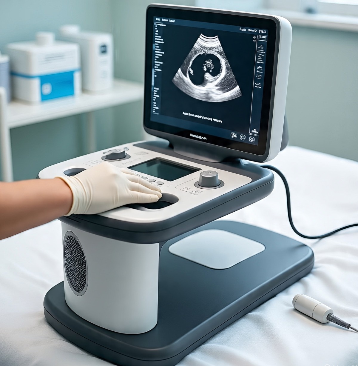 an ultrasound device and probe with doctor's hand and show a baby